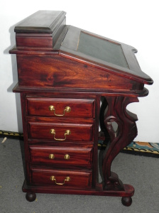 Lot 067 - Dark stained teak reproduction Victorian Davenport writing desk w cave