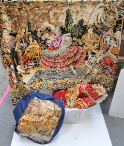 Lot 070 - 3 x vintage Italian velvet Classical patterned wall hangingsbed spread