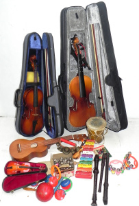 Lot 079 - Box lot of musical instruments inc Mahalo ukulele, full size Easter vi