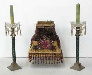 Lot 082 - Pair of decorative lamp shades (22cm W) and a pair pf ornate candlesti