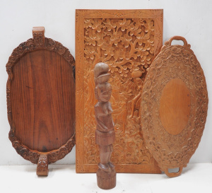 Lot 085 - Vintage carved Eastern wooden items inc teak Indonesian tray and Balin