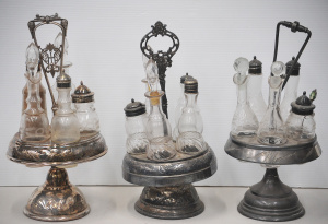 Lot 092 - 3 x vintage EP rotating cruet stands w pressed glass sets (2 x etched,