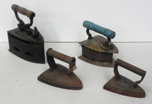 Lot 098 - 4 vintage clothes irons inc 2 x coal iron - cast iron ft cockerel latc