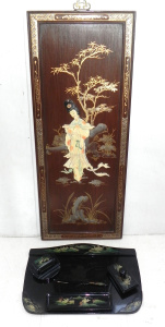 Lot 102 - Vintage Oriental group inc lacquerware desk set w writing tray, ink bl