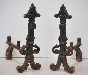 Lot 106 - Pair of ornate late Victorian cast iron fire dogsandirons - 49cm H