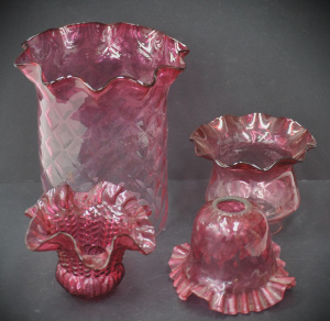 Lot 110 - 4 x Victorian ruby glass light shades w ruffled rims and various other