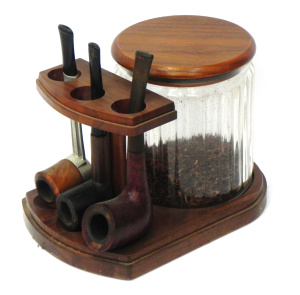 Lot 122 - Vintage fruitwood pipe stand with fluted glass tobacco jar + 3 vintage