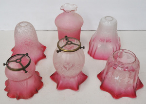 Lot 132 - 6 x graduated ruby tinted glass light shades inc ruffled edges, froste