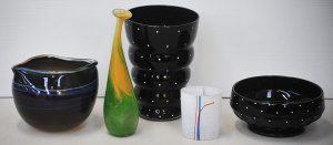 Lot 133 - 5 pces Coloured Glass inc Bagley Jetique Polka dot ribbed Vase 19cm H