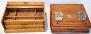 Lot 141 - 2 x vintage 1900s Oak Desk Stands - Presentation w twin Glass inkwells