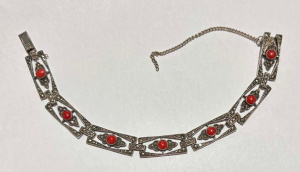 Lot 162 - Art Deco silver Marcasite bracelet, sections set with jasper stones -