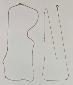 Lot 164 - 2 x fine 9ct chains - 46cms L & 44cms needs repair - TW 2 8 grms