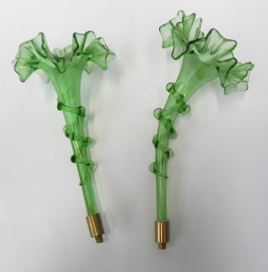 Lot 174 - 2 x Victorian Green Glass Epergne Trumpet Vases with ruffled rims and