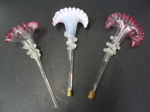 Lot 177 - 3 x Victorian Clear glass Epergne Trumpet vases - 2 with ruby pleated