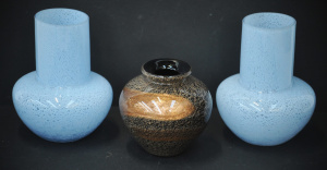 Lot 179 - Small lot - Modern Art Glass - Black Vase w Gold Inclusions + Pair Mot