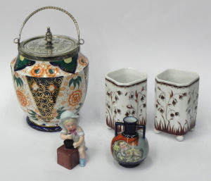 Lot 180 - Group lot Victorian Ceramics inc EPNS lidded Lustre Biscuit Barrel HPa