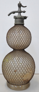 Lot 185 - Vintage English Glass Double Gourd Soda Siphon - damage to cage, brand