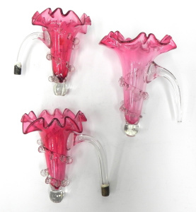 Lot 189 - Set of 3 Victorian Ruby Glass Epergne Trumpets - Ruffled rims & Cl