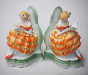 Lot 198 - Art Deco Japanese Ceramic Crinoline Lady Bookends - Weighted bases 16c