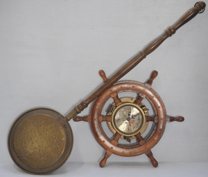 2 x pieces - Old Brass Bed Warmer w long turned handle + Novelty wooden Ships Wh