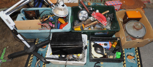 Group Lot Mixed Items incl Hand Tools, Hardware, Pottery , Lamps, Power Tools et