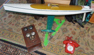 Lot incl Red Rotary Telephone, Vintage Wooden Ringer Box & Vintage Model Yac