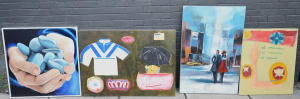 Lot 005 - 4 x large Oil Paintings on Canvas - Street Scene w Figures, Hand Holdi