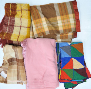 Lot 008 - 5 Vintage & Retro Wool Rugs inc Scottish Brown & Mustard Mohai