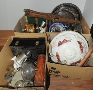 Lot 011 - 4 x boxes mixed Items - Heaps EPNS, Glass Oil Lamps incl Miniatures, l
