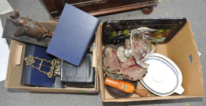 Lot 020 - Mixed lot of 2 boxes inc 2 x Chinese tea sets + bowl, Hi Sound mini CR