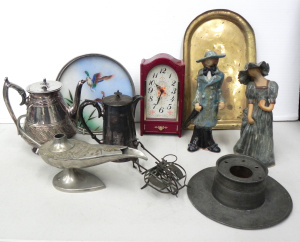 Lot 027 - Mixed vintage lot inc pewter inkwell desk stand, Seiko wind up mini ca