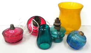 Lot 029 - Group of vintage coloured glass lighting parts inc ruby and blue oil l