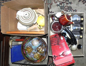 Lot 041 - Large vintage mixed lot of 3 boxes inc brass eagle head handled walkin