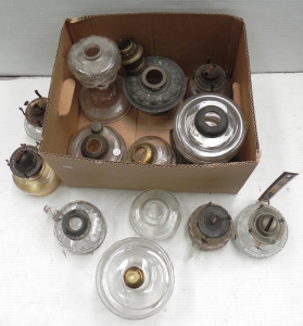 Lot 044 - Large group of vintage oil lamp parts inc fonts, bowls, bases, burners