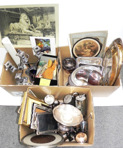Lot 047 - 3 x Boxes mostly EPNS inc 3 arm candelabras, Jug, Serving trays, Stemw