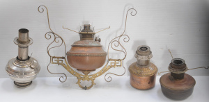 Lot 053 - 4 x Vintage Metal Oil Lamps - Burners inc 2 x Brass & Copper Mille