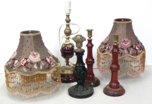 Lot 061 - Lot of vintage lighting inc pair of turned wood and brass candlesticks