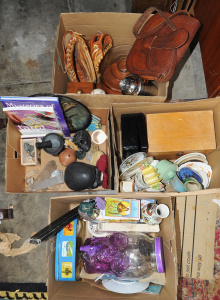 Lot 064 - 4 x Boxes of Mixed Items incl Ceramics, Pad Locks w Keys, Assorted Gem
