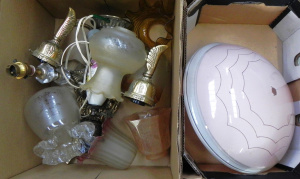 Lot 082 - 2 boxes of vintage & retro light fittings, glass shades & othe