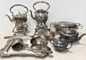 Lot 090 - Grp c1900 Silver plate incl 2 x spirit kettles, one engraved, serving