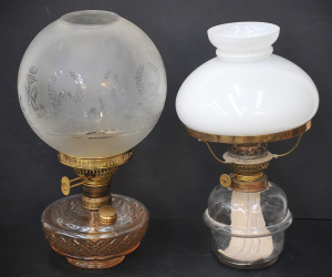 Lot 117 - 2 x glass and brass oil lamps inc twin burner w pressed glass font &am