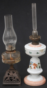 Lot 119 - 2 x Victorian oil lamps inc hand painted milk glass (55cm H), F Miller