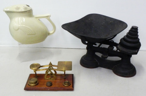 Lot 123 - Art Deco kookaburra ceramic electric kettle, 2 sets of vintage balance
