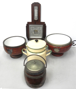 Lot 136 - Group of vintage homewares inc 2 x oak and EPNS footed bowls w ceramic