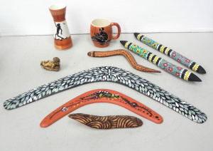 Lot 153 - Group lot Aboriginal themed items inc Aust Pottery Elke Vase, Florenz