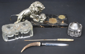 Lot 155 - Group of vintage desk items inc pressed glass inkwells, 2 x letter ope