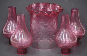 Lot 163 - 5 x Victorian ruby glass light shades inc cylindrical quilted w ruffle