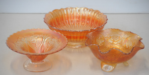 Lot 179 - pces Marigold Carnival glass inc Dugan Iridescent Five hearts pedestal