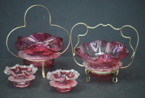 Lot 187 - 4 x Victorian Ruby Glass all with clear ruffle detail inc 2 x Bowls s