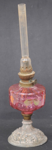 Lot 195 - Victorian Kosmos-Brenner branded oil lamp w hand painted ribbed ruby g